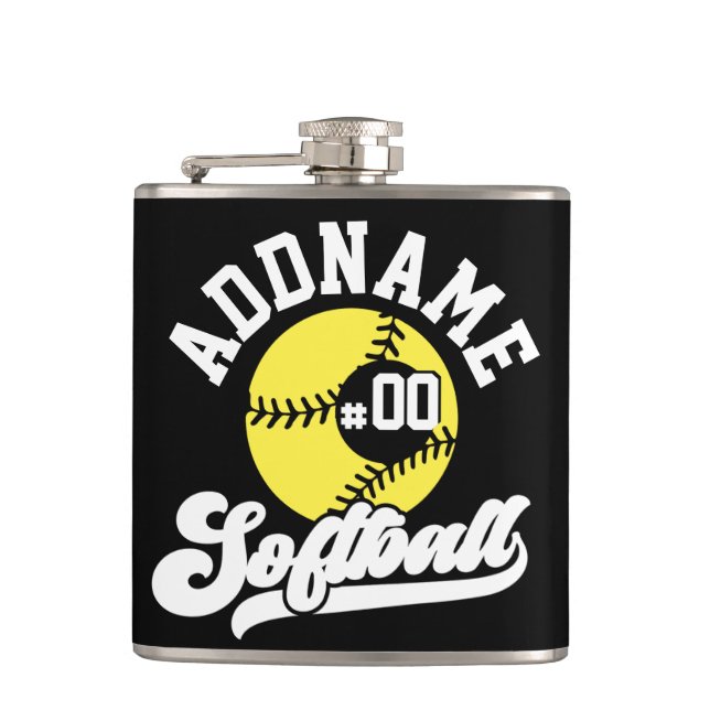 Personalized Softball Player ADD NAME Retro Team Hip Flask (Front)