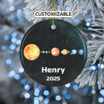 Personalized Solar System Ornament, Space, Planets Ceramic Ornament<br><div class="desc">A personalized space-themed ornament perfect for any space enthusiast! Whether you're simply curious about the cosmos or own a telescope for stargazing, this ornament celebrates the wonders of our solar system. Featuring all eight planets—Mercury, Venus, Earth, Mars, Jupiter, Saturn, Uranus, and Neptune—it's a captivating keepsake for kids, scientists, and anyone...</div>