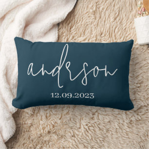 Personalized Solid Navy Colour Script Family Name Lumbar Pillow