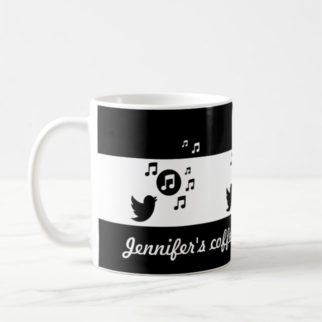 Personalized Songbird Black and White Coffee Mug (Left)