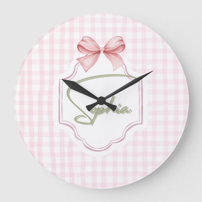 Personalized Sophia Baby Girl Nursery Bow&Gingham  Large Clock (Front)