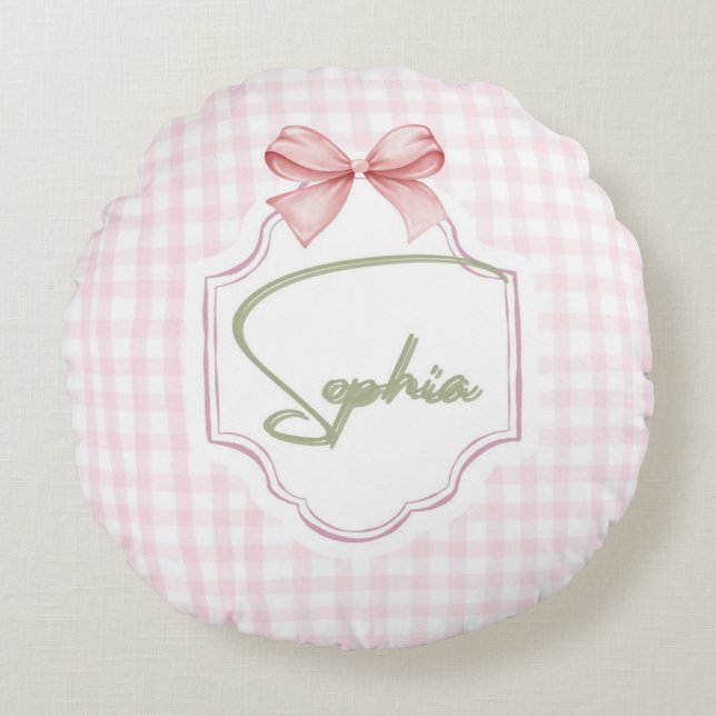 Personalized Sophia Baby Girl Nursery Bow&Gingham  Round Pillow (Front)