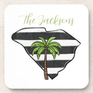 Personalized South Carolina State Palm Tree Stripe Coaster