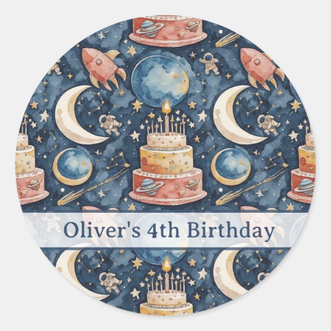 Personalized Space Adventure Kids Birthday Classic Round Sticker (Front)