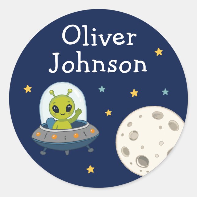 Personalized Space Alien Moon Name Classic Round Sticker (Front)