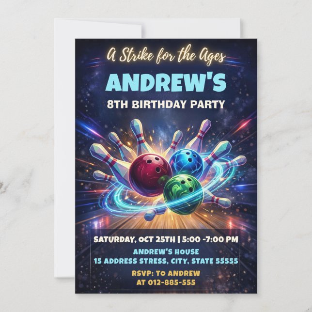 Personalized Space bowling birthday invitation (Front)