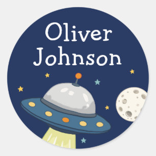 Personalized Space UFO Moon Name Classic Round Sticker