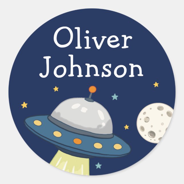 Personalized Space UFO Moon Name Classic Round Sticker (Front)