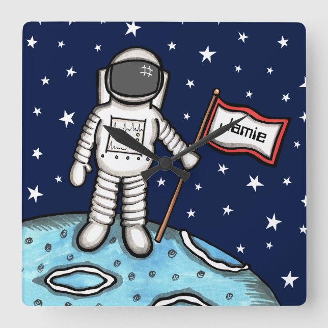 Personalized Spaceman Astronaut Cosmonaut Square W Wall Clock (Front)