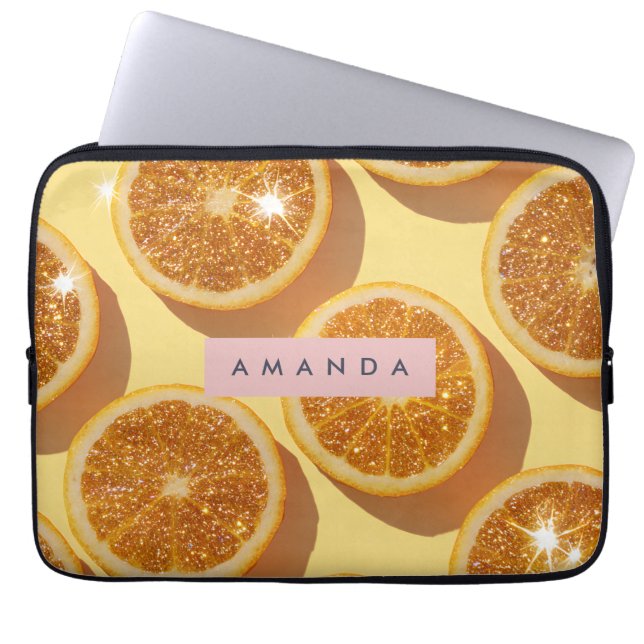 Personalized Sparkle Citrus Glitter Orange Laptop Sleeve (Front)