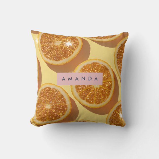 Personalized Sparkle Citrus Glitter Orange Throw Pillow (Front)