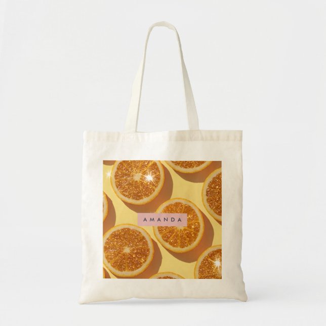 Personalized Sparkle Citrus Glitter Orange Tote Bag (Front)