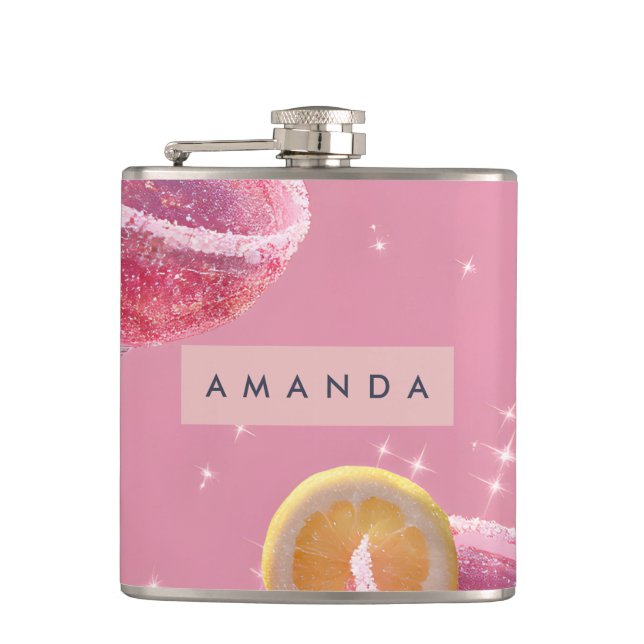 Personalized Sparkle Glam Pink Cocktail  Hip Flask (Front)