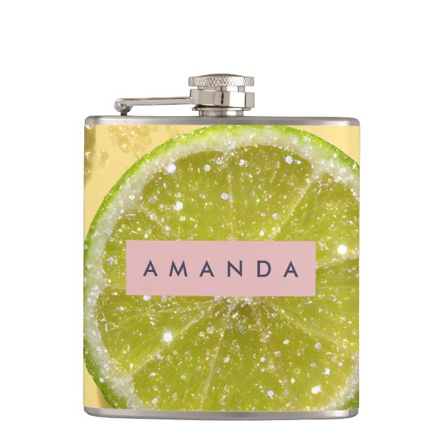 Personalized Sparkle Lime Slice Glitter Citrus  Hip Flask (Front)
