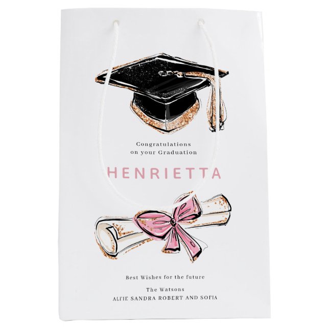 personalized Sparkling Graduation Cap Diploma Pink Medium Gift Bag (Front)