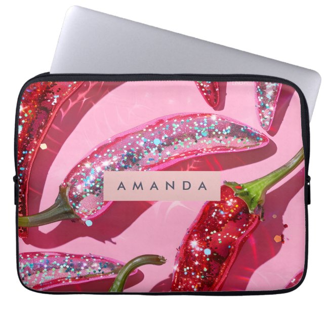 Personalized Sparkling Hot Pink Glitter Chili Laptop Sleeve (Front)