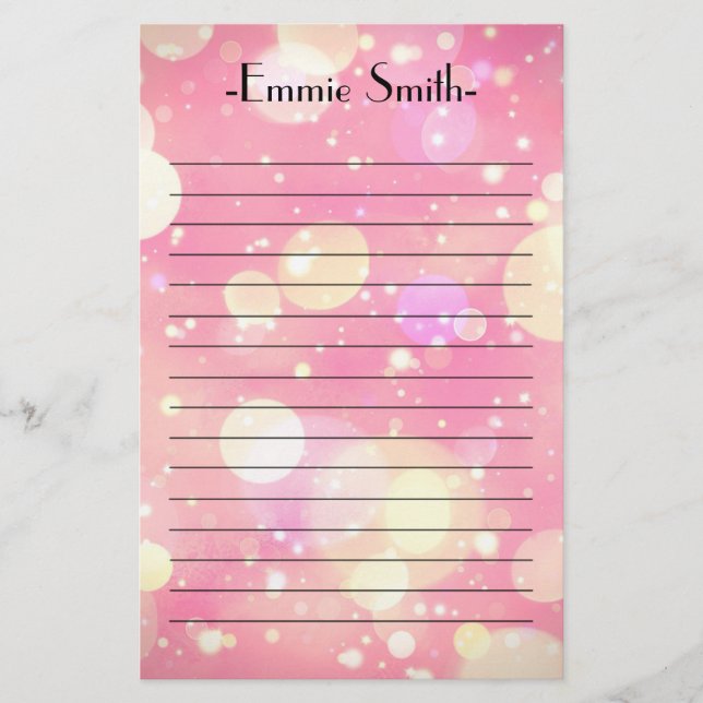 Personalized Sparkling Pink Bokeh Glitter Lined Stationery (Front)