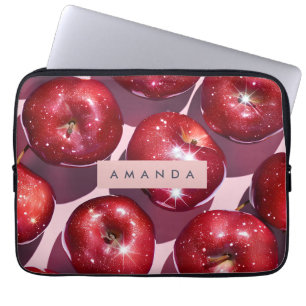 Personalized Sparkling Red Apple Pink Background Laptop Sleeve