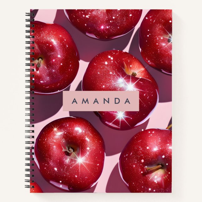 Personalized Sparkling Red Apple Pink Background Notebook (Front)