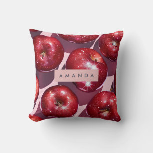 Personalized Sparkling Red Apple Pink Background Throw Pillow