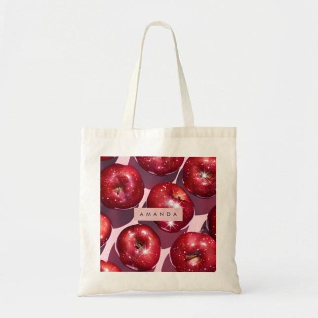 Personalized Sparkling Red Apple Pink Background Tote Bag (Front)