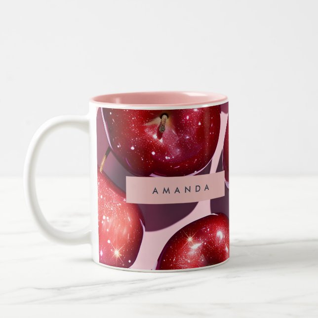 Personalized Sparkling Red Apple Pink Background Two-Tone Coffee Mug (Left)