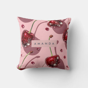Personalized Sparkling Red Cherry Glam  Throw Pillow
