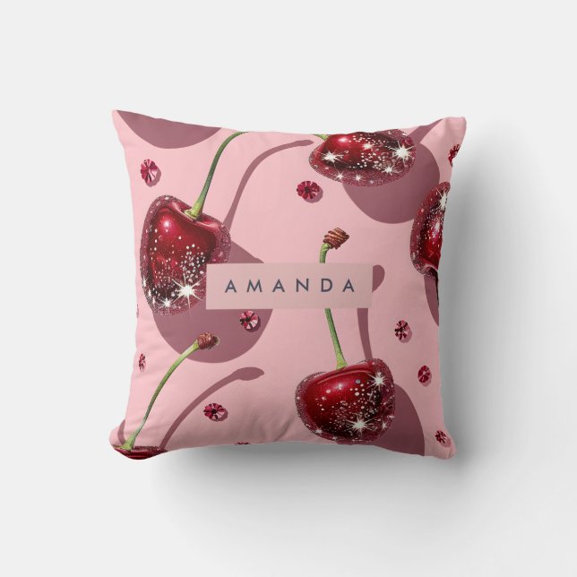 Personalized Sparkling Red Cherry Glam  Throw Pillow (Front)