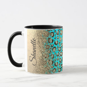 Personalized Sparkly Glittery Turquoise Leopard Mug