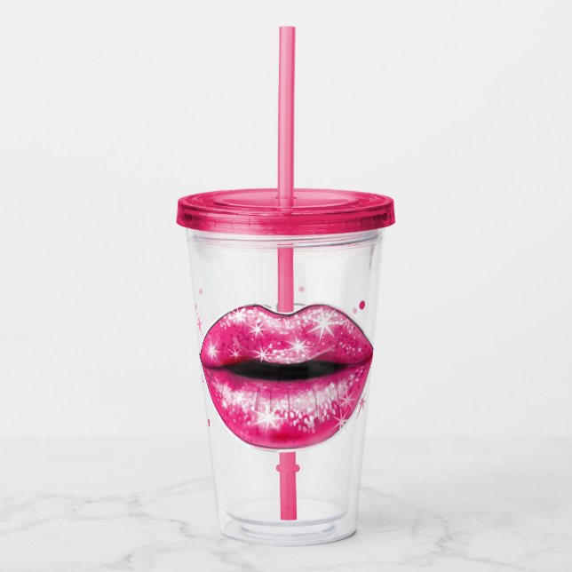 Personalized Sparkly Pink Love Lips Acrylic Tumble Tumbler (Front)