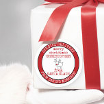 Personalized Special Delivery from Santas Workshop Classic Round Sticker<br><div class="desc">Personalized Christmas stickers from Santa for children's gifts. Trendy typewriter typography design with doodle drawing of a red nosed reindeer. The template is set up ready for you to add your own message in the centre - the sample wording reads "merry christmas [YOUR NAME] with love from SANTA". The stamp...</div>