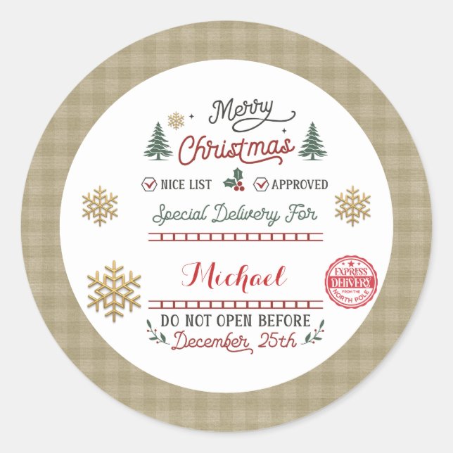 Personalized Special Delivery North Pole Santa Classic Round Sticker (Front)
