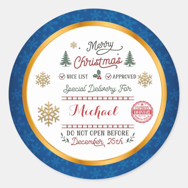 Personalized Special Delivery North Pole Santa Classic Round Sticker (Front)