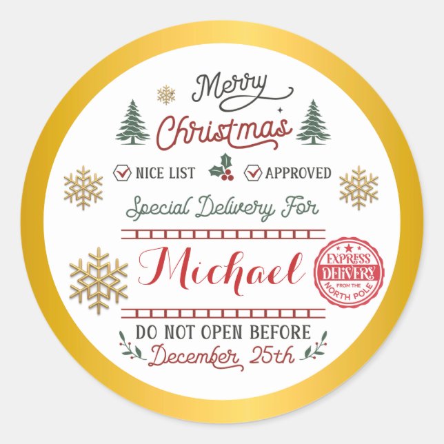 Personalized Special Delivery North Pole Santa Classic Round Sticker (Front)