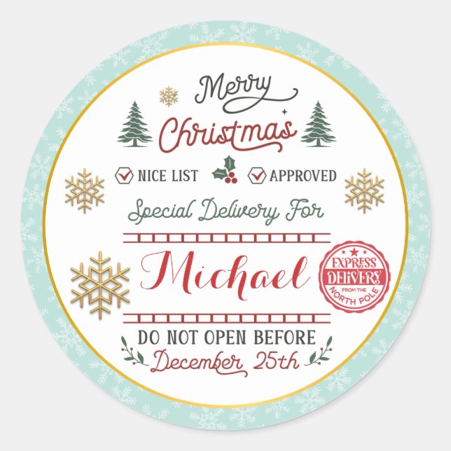 Personalized Special Delivery North Pole Santa Classic Round Sticker (Front)