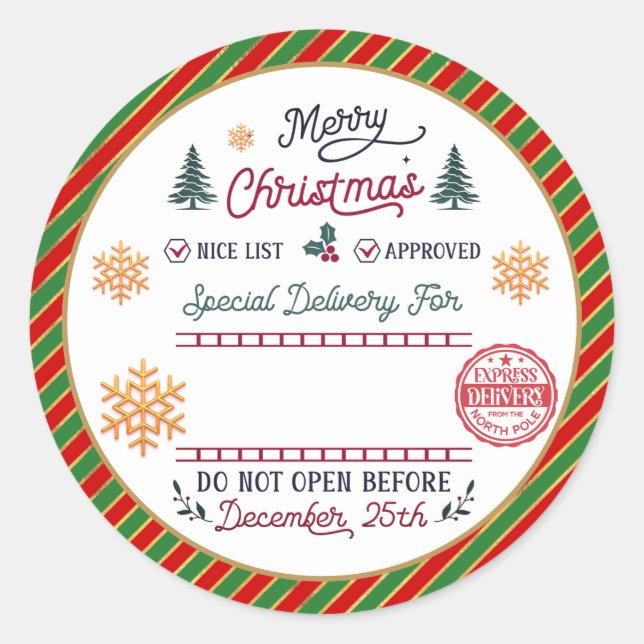 Personalized Special Delivery North Pole Santa Classic Round Sticker (Front)