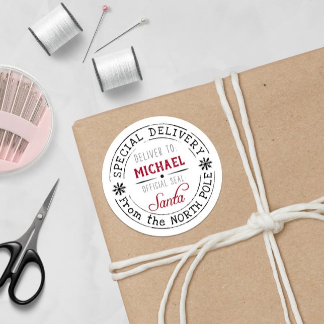 Personalized Special Delivery North Pole Santa  Classic Round Sticker (Special Delivery from Santa with Santa's Official Sea! )