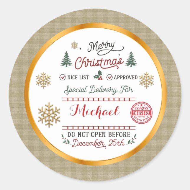 Personalized Special Delivery North Pole Santa Classic Round Sticker (Front)