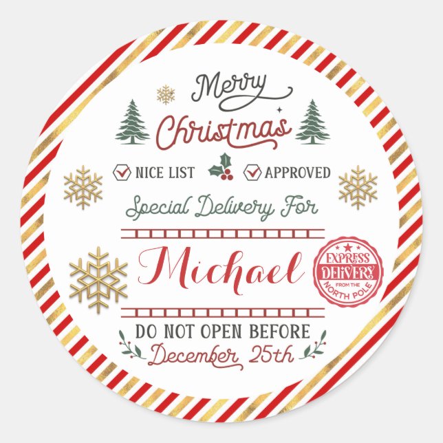 Personalized Special Delivery North Pole Santa Classic Round Sticker (Front)