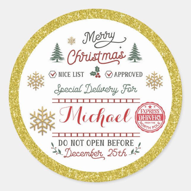Personalized Special Delivery North Pole Santa Classic Round Sticker (Front)