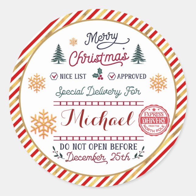 Personalized Special Delivery North Pole Santa Classic Round Sticker (Front)