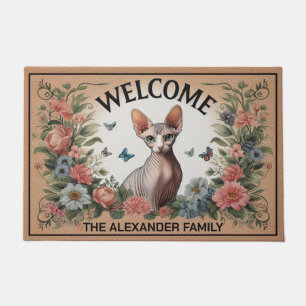 Personalized Sphynx Cat Floral Chic Welcome Doormat
