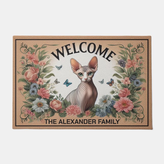 Personalized Sphynx Cat Floral Chic Welcome Doormat (Front)