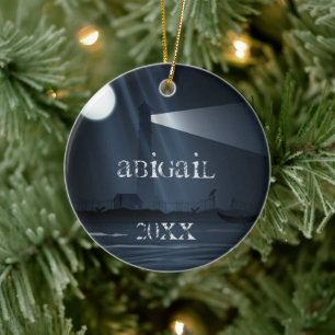 Personalized Spooky Lighthouse at Night Ceramic Ornament