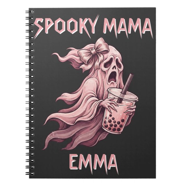 Personalized Spooky Mama Coquette Boba Pink Ghost Notebook (Front)