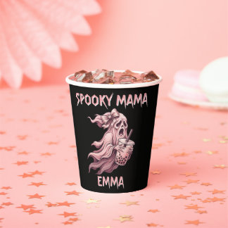 Personalized Spooky Mama Coquette Boba Pink Ghost Paper Cups