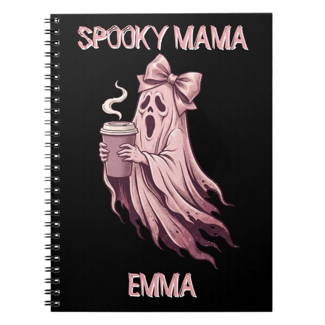Personalized Spooky Mama Coquette Coffee Ghost Notebook (Front)