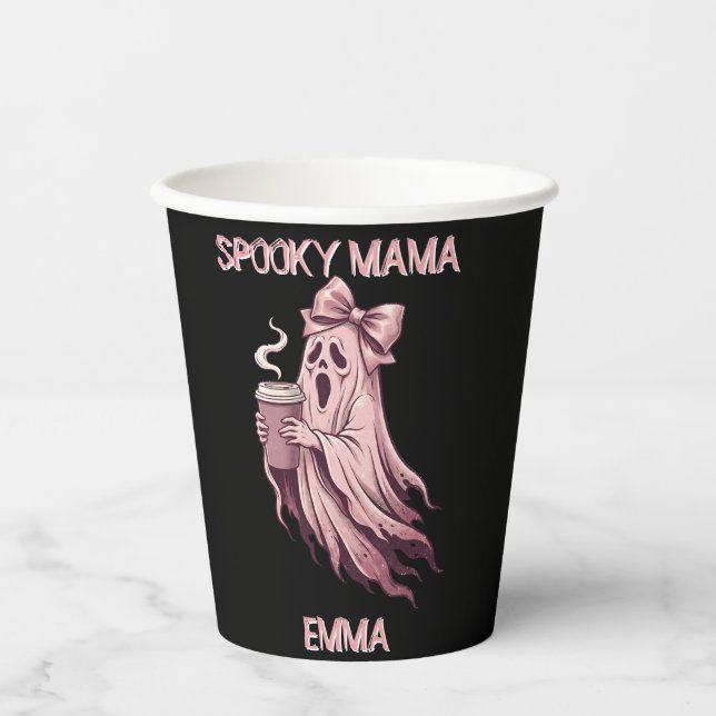Personalized Spooky Mama Coquette Coffee Ghost Paper Cups (Front)
