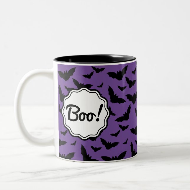 Personalized Spooky Purple Halloween Black Bats Two-Tone Coffee Mug (Left)