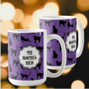 Personalized Spooky Purple Halloween Black Cats Coffee Mug